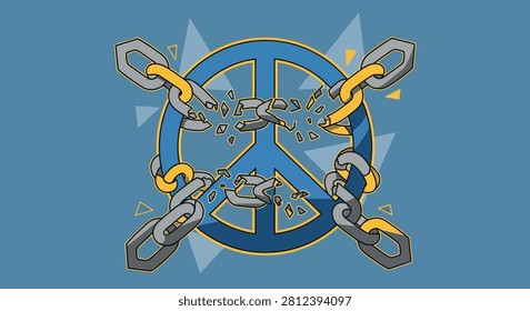 A blue peace sign icon being freed by breaking through heavy iron chains in a conceptual illustration