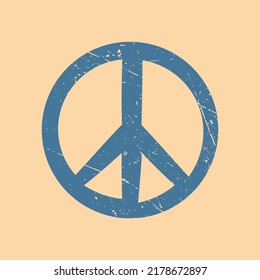 a blue peace sign with scuffs on a beige background in vintage style. Vector image