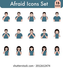 Blue And Peach Color Set of Afraid Man And Woman Character In Flat Style.