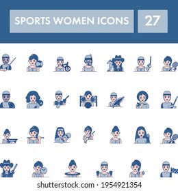 Blue And Peach Color Set of Sports Women Icon In Flat Style.