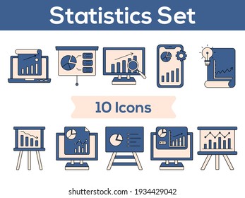 Blue And Peach Color Set of Statistics Icon In Flat Style.