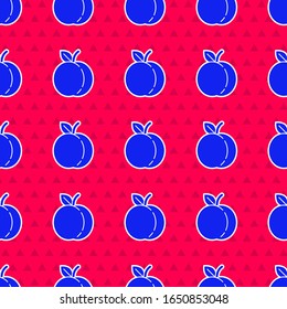 Blue Peach fruit or nectarine with leaf icon isolated seamless pattern on red background.  Vector Illustration