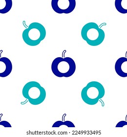Blue Peach fruit or nectarine with leaf icon isolated seamless pattern on white background.  Vector