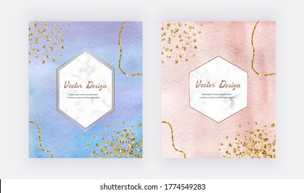 Blue and peach watercolor cards with gold glitter texture, confetti and geometric marble frames. Modern abstract cover design.