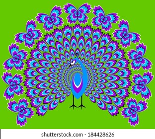 Blue peacock and magic butterflies (optical illusion of movement)