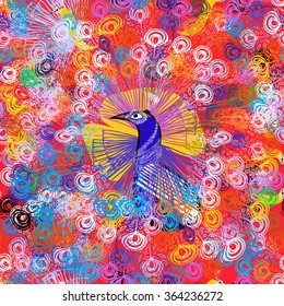 Blue peacock on an orange background with bright colored feathers. Vector. Seamless pattern.
