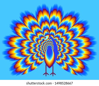 Blue peacock with pulsing fiery tail. Optical illusion.