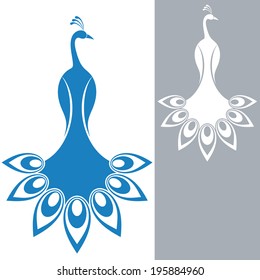Blue peacock and white peacock. Abstract birds on white and gray background