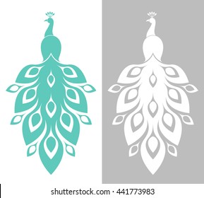 Blue peacock and white peacock. Abstract birds on white and gray background