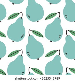 Blue pear summer pattern on white background. Simple seamless pattern with pears. Vector design for greeting card and invitation of seasonal summer holiday