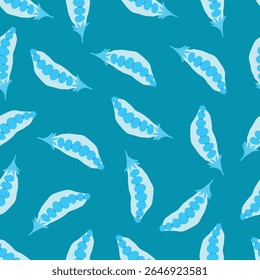 vagens de ervilhas azuis colocadas sobre o fundo azul escuro padrão sem costura. Vagem de ervilha azul espalhada em torno de fundo azul padrão sem costura. É bom para tecido, têxtil, decoração, embalagem e muito mais.