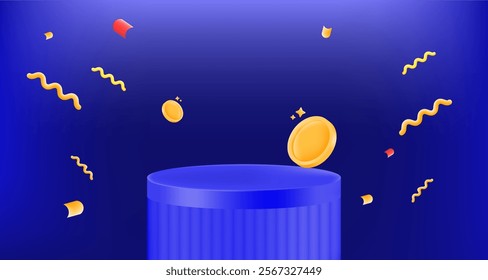 blue pedestal podium, coins and vibrant confetti floating  with a dark blue background. promotions, rewards, giveaways, and festive digital designs