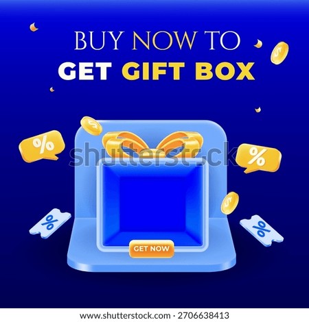 blue pedestal showcase with empty blue gift box and gold ribbon. Shop the sale and win a prize box with exclusive online deal. 3d vector illustration