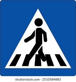 Blue Pedestrian Crossing Sign. Square Road Sign. Man Crossing the Road on Zebra. Vector Icon