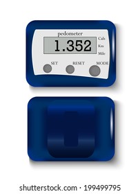 Blue Pedometer For Walking, Vector Illustration. Exercise Equipment Counting Steps And Miles