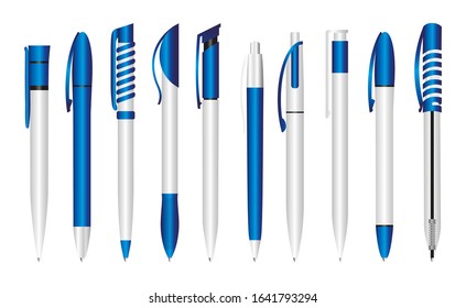 Blue pen for applying corporate identity and stationery. Design template, stationery pen mockup. Realistic 3d vector plastic pens.