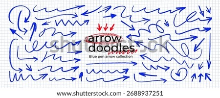 Blue pen arrow collection on checkered paper sheet. Hand drawn crayon various arrows, curved, wavy and straight lines. Direction pointers for notes, doodle and school design. Playful emphasis elements