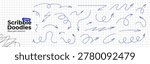 Blue pen arrows set on paper background. Hand drawn crayon scribble doodles. Curved and twisted thin arrows with pencil texture. Direction pointers. Vector illustration collection