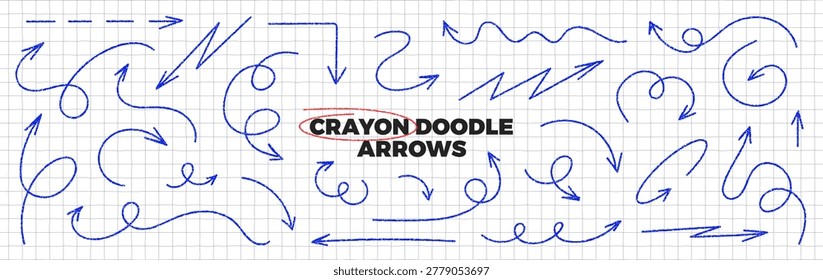 Blue pen arrows set on paper background. Hand drawn crayon scribble doodles. Curved and twisted thin arrows with pencil texture. Direction pointers. Vector illustration collection