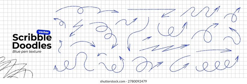 Blue pen arrows set on paper background. Hand drawn crayon scribble doodles. Curved and twisted thin arrows with pencil texture. Direction pointers. Vector illustration collection