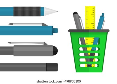 blue pen, black pen, and a yellow ruler