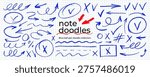 Blue pen doodle arrows, circle and rectangle frames and check marks. Emphasis crayon drawn elements for hand drawn notes and diagrams. Vector doodle squiggly arrows, wavy underlines and blue signs.