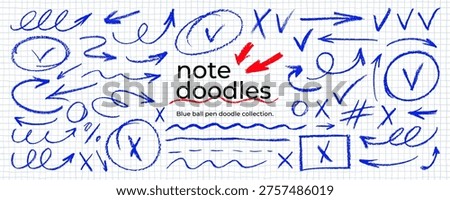 Blue pen doodle arrows, circle and rectangle frames and check marks. Emphasis crayon drawn elements for hand drawn notes and diagrams. Vector doodle squiggly arrows, wavy underlines and blue signs.