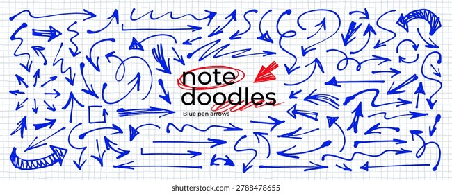 Blue pen doodle vector arrows collection. Hand drawn png thin arrows on checkered paper background. Hand drawn directional pointers for notes, scrapbook and collage school design. Ballpen blue lines.