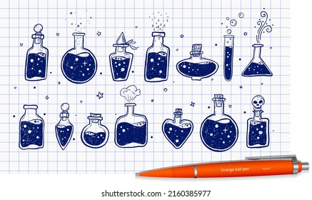 Blue pen Doodles with pharmaceutical flasks, beakers and test tubes on lined paper background. Sketches of chemical laboratory objects with magic potion. Vector illustration