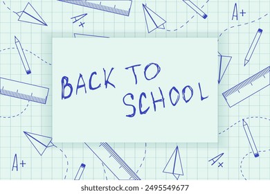 Blue pen Hand Drawing School suplies and paper plane. 3D Doodle Back to School concept. Simple minimal vector illustration. Welcome School theme. EPS 10