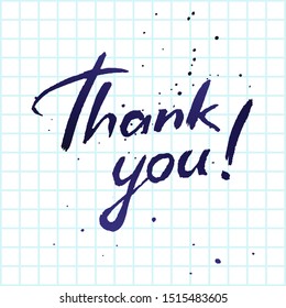 Blue pen hand drawn inscription thank you on a checkered paper. Thank you card.