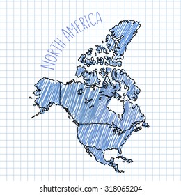 Blue pen hand drawn North America map vector on paper illustration