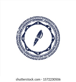 Blue pen icon inside distress rubber seal with grunge texture