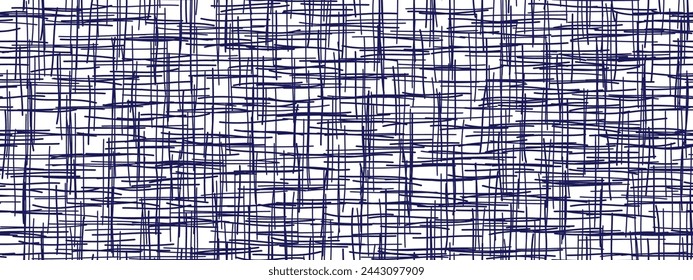 Blue pen ink crosshatch seamless pattern on white bg. Abstract texture with random lines. Vector illustration