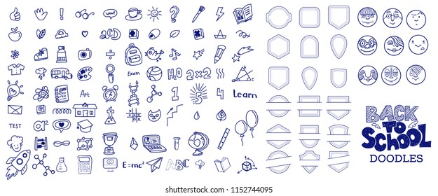 Blue Pen ink drawn back to school doodles symbols big set and lettering headline. Vector linear illustration. For banners, posters, flyers. A lot of education and study icons, children faces, borders