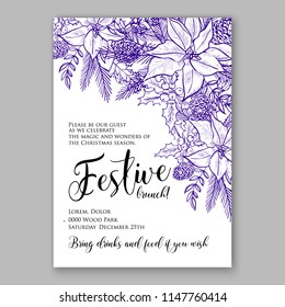 Blue pen ink drawn Merry christmas Party invitation with poinsettia pine fir branch needle cone vector printable template