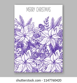 Blue pen ink drawn Merry christmas Party invitation with poinsettia pine fir branch needle cone vector printable template