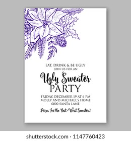 Blue pen ink drawn Merry christmas Party invitation with poinsettia pine fir branch needle cone vector printable template