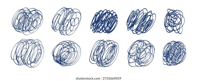 Blue pen lines set collection doodle hand drawn icon. Outline drawing messy line clipart symbol. Vector illustration