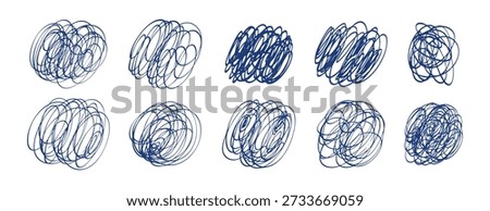 Blue pen lines set collection doodle hand drawn icon. Outline drawing messy line clipart symbol. Vector illustration