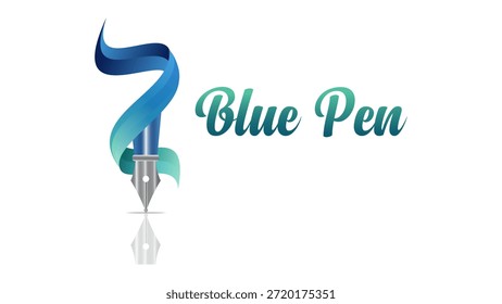 Logotipo azul de la pluma con la letra estilizada y la punta metálica en el fondo blanco