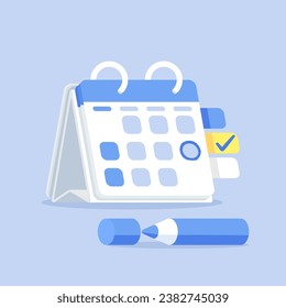 Blue pen marks the date, holiday, priority, important, reminder day on cute mini calendar concept on blue background. Vector illustration minimal design for banner and poster.