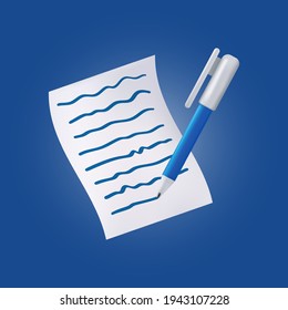 Pluma azul sobre un documento con texto. Icono vectorial con un bolígrafo y una hoja blanca de papel aislada en un fondo oscuro