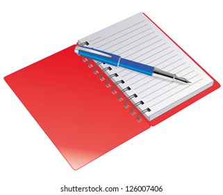 Blue pen on the red notebook. Vector