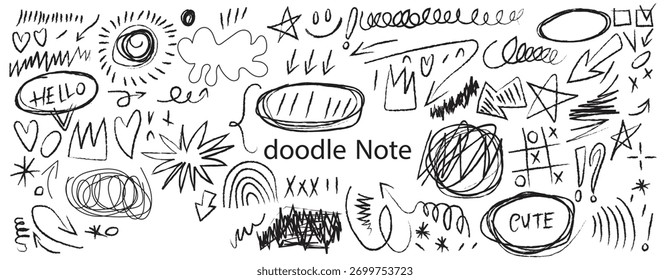 Caneta azul rabiscar e doodle coleção. Linhas de caneta azuis, setas e rabiscos no plano de fundo do bloco de anotações de grade. Crayon desenhado nota doodles para diagrama desenhado à mão, infográfico e registro em log.
