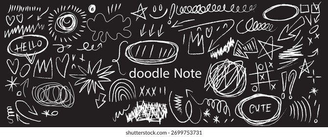 Blaue Stift-Kritzeleien und Doodle-Sammlung. Blaue Stiftlinien, Pfeile und Kritzeleien auf Notizbuchhintergrund. Kreide gezeichnete Notizzettel für handgezeichnetes Diagramm, Infografik und Journaling.