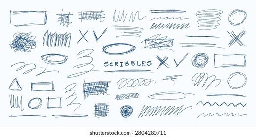 Blue pen scribble elements set. Hand-drawn pen scribbles and ballpoint ink doodles set -  featuring circles, rectangles, underlines, hatching, highlights. Vector doodles elements collection