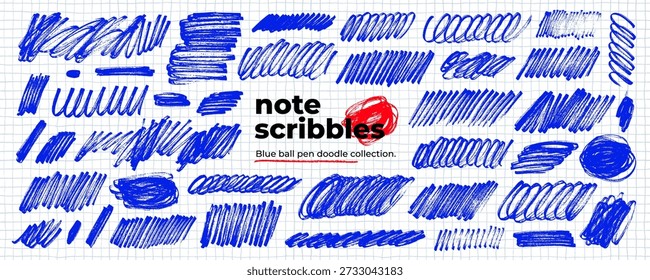 Coleção de rabiscos de caneta azul e rabiscos esboçados no fundo de folha de papel xadrez. Caneta de bola azul rabisca, rabiscos e arranhões caóticos. Mão desenhada rabisco áspero, marcador de traços expressivos