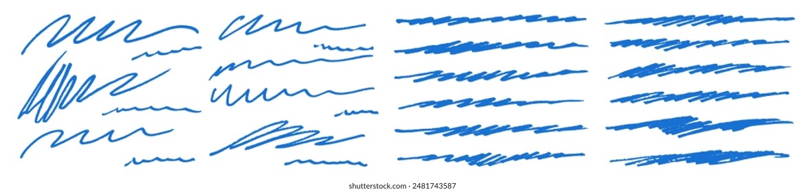 Blue pen scribble vector set. Thin brush stroke line collection. Blue color ballpen zigzag squiggles. Fake signatures on rough paper. Underline and strike through doodles. Messy grungy curved line kit