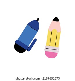 Blue pen and sharp wooden pencil with rubber eraser for drawing , writing. Time to school. Children's cute stationery subjects. Back to school, college, education, study